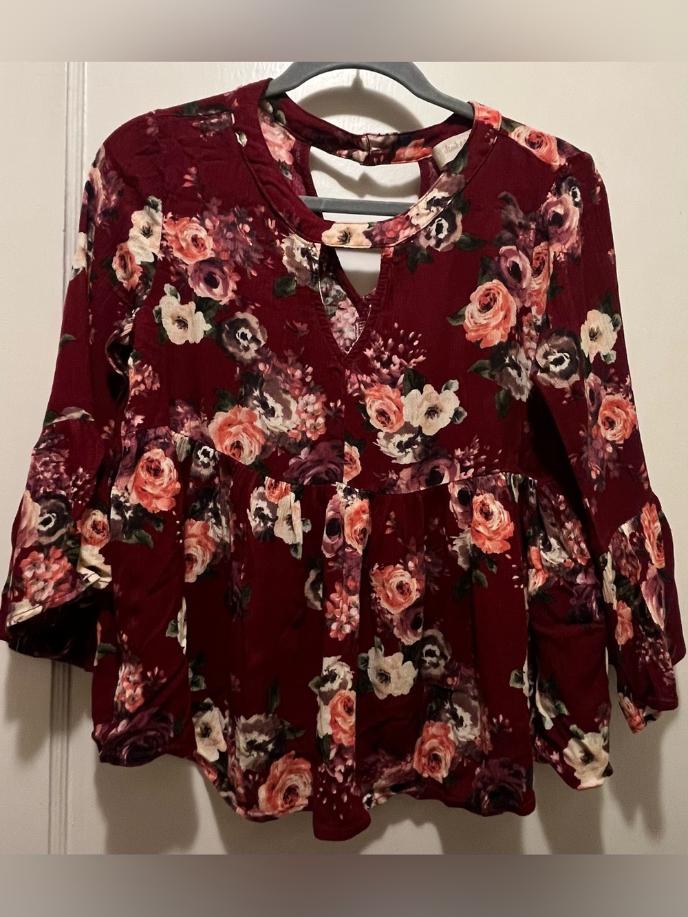 Altar'd State Burgundy Floral Bell Sleeve Babydoll Blouse - Size Small